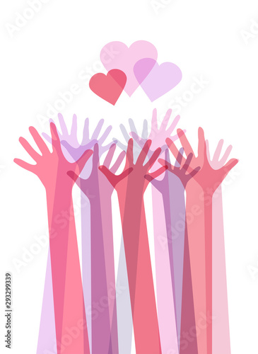 Vertical illustration of color transparent human hands with hearts. International day of friendship and kindness. The unity of people. Vector element for card, invitation, template and your creativity