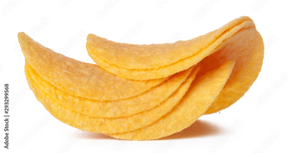 Potato chips close up on white background Potato chips close up on white background