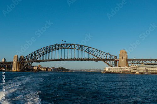 Sydney Harbour Bridge view from a distance with clear blue sky.
