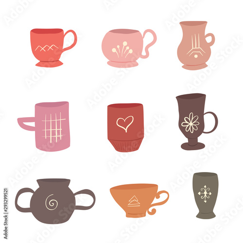 Set of flat cartoon cups and mugs with mystical patterns. The object is separate from the background. Vector element for greeting cards, recipes and your creativity.