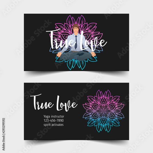 Yoga card design. Beautiful Caucasian Man sitting in Lotus position. Colorful template for spiritual retreat or yoga studio. Ornamental business cards. Vector illustration.