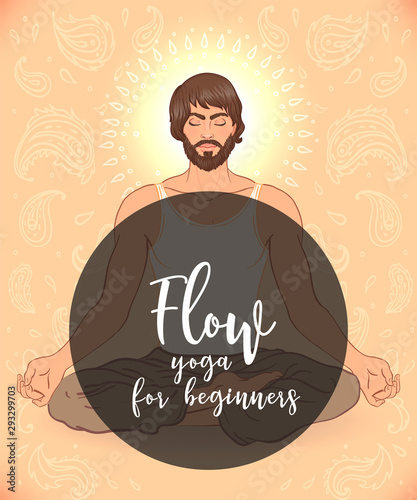 Yoga card design. Beautiful Caucasian Man sitting in Lotus position. Colorful template for spiritual retreat or yoga studio. Ornamental business cards. Vector illustration.