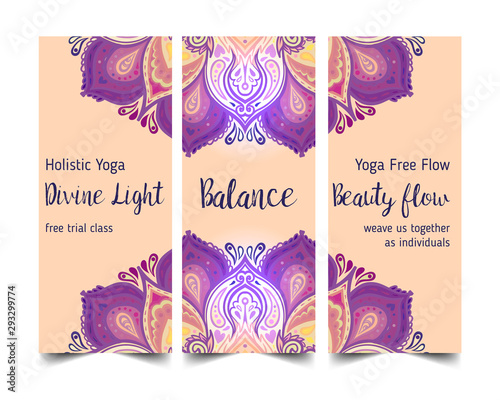 Stretch and Strength. Yoga card design. Colorful template for spiritual retreat or yoga studio. Ornamental business cards. Vector illustration