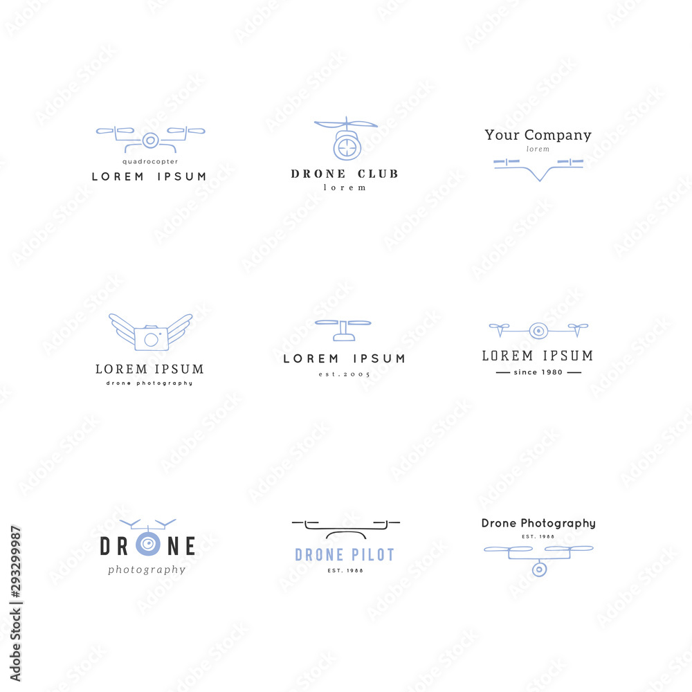 Camera drones. Aerial photography. Big set of colored hand drawn logo vector templates.