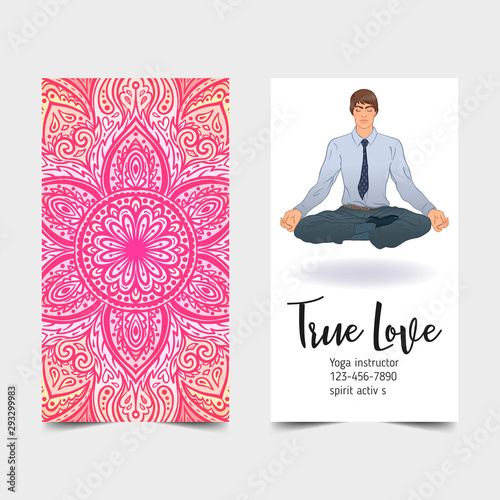 Yoga card design. Beautiful Caucasian Man sitting in Lotus position. Colorful template for spiritual retreat or yoga studio. Ornamental business cards. Vector illustration.