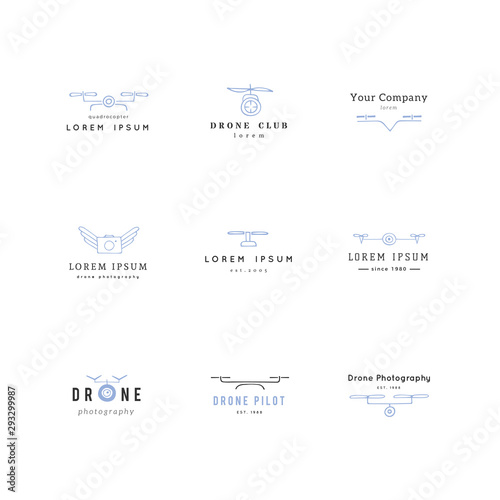 Camera drones. Aerial photography. Big set of colored hand drawn logo vector templates.