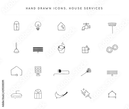 Set of vector hand drawn icons. Housekeeping and home repairs.