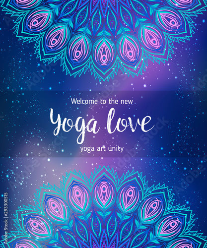Yoga card design. Colorful template for spiritual retreat or yoga studio. Ornamental business cards, oriental pattern. Vector illustration.