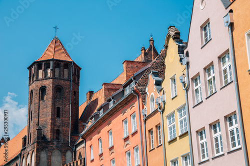 St. Nicholas Roman Catholic Church and old town buildings in Gdansk, Poland