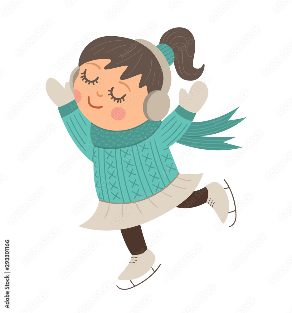 Vector happy skating girl in earmuffs. Cute winter kid illustration isolated on white background. Funny flat style picture for Christmas, New Year or winter design. Vector happy skating girl in earmuffs. Cute winter kid illustration isolated on white background. Funny flat style picture for Christmas, New Year or winter design.