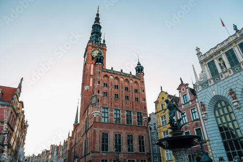 Town Hall and Neptune's Fountain at Dlugi Targ (Long Market) street in Gdansk, Poland