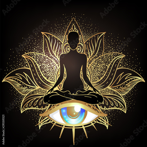 Chakra concept. Inner love, light and peace. Buddha silhouette in lotus position over ornate mandala. Vector illustration in gold  isolated. Buddhism esoteric motifs.