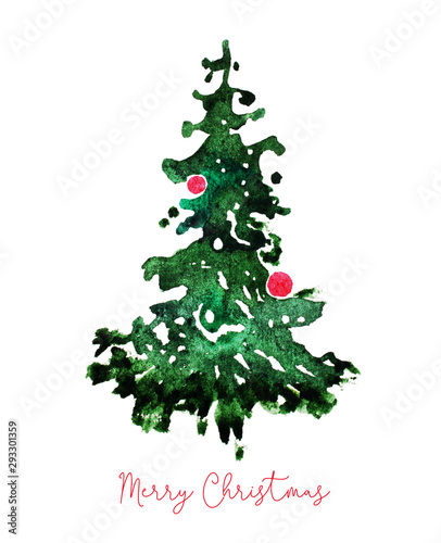 Christmas tree card. Watercolor paint greeting.