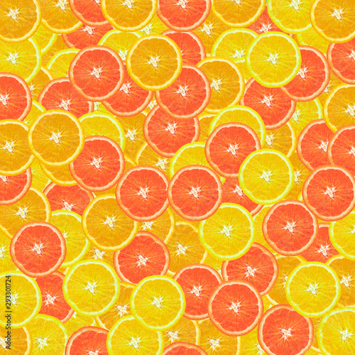 Colorful orange fruit slices pattern frame on blue background.