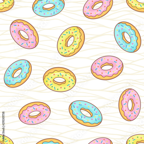 Pink, yellow and blue glazed donuts. Vector seamless pattern with falling donuts on background of wavy lines. Template for package design, wrapper, poster, card, menu