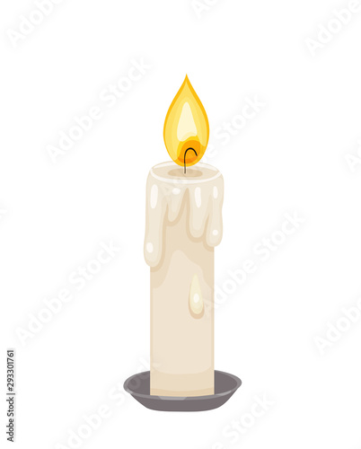 Burning paraffin candle. Vector icon of fire on cadle with wax drips isolated on white background
