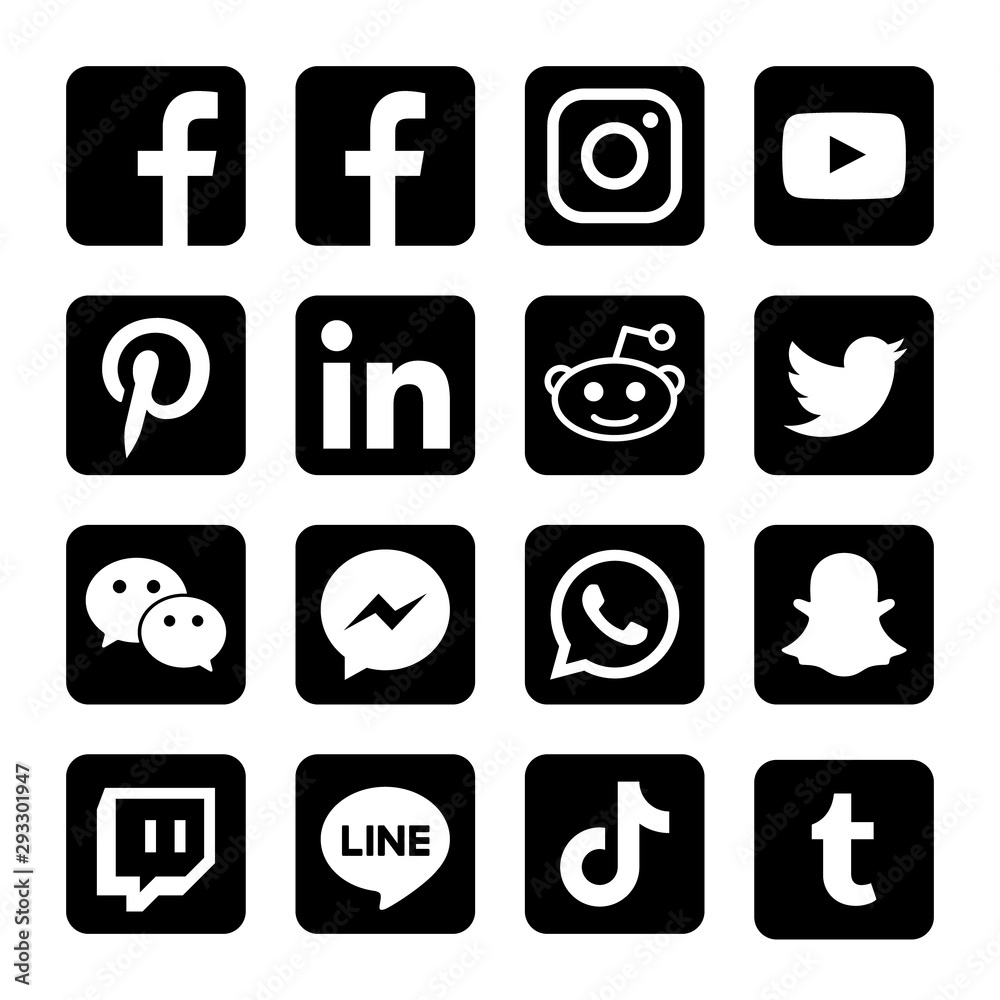 Black & white square social media or social network flat vector icon ...