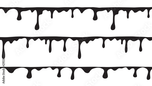 Vector set of black endless borders of smudges and flowing slime. Monochrome seamless pattern with liquid drips