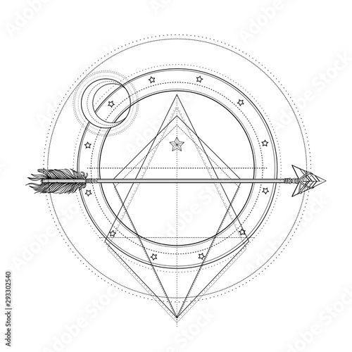 Blackwork tattoo flash. Sacred geometry, arrow and moon. Highly detailed vector illustration isolated on white. Mystic symbol. New school dotwork. Boho design.
