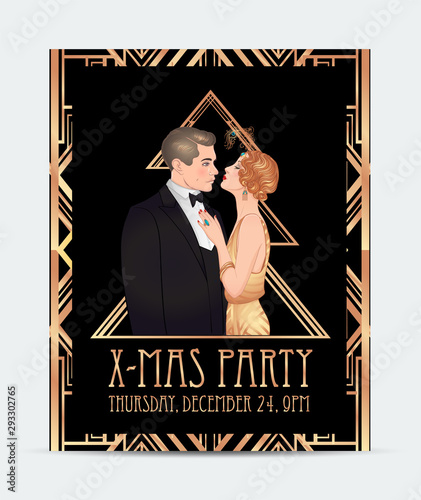 Art Deco vintage invitation template design with illustration of flapper girl. patterns and frames. Retro party background set (1920's style). Vector for glamour event