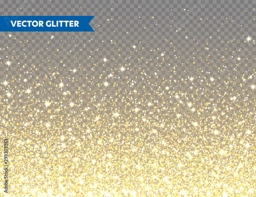 Sparkling Golden Glitter on Transparent Vector Background. Falling Shiny Confetti with Gold Shards. Shining Light Effect for Christmas or New Year Greeting Card.