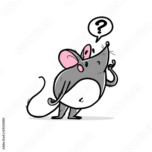 Vector illustration of cute hand drawn grey mouse character wondering standing isolated on white background. 2020 year mascot. For prints, cards, kid design, banners, stickers etc.