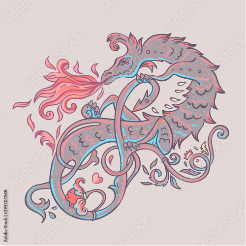 Mythological magic beast Basilisk, legendary bizarre creature. Decorative design in medieval style. Dragon, burning flame.