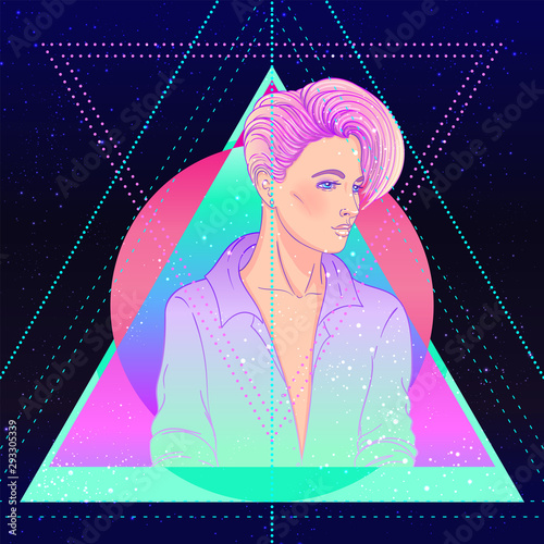 Portrait of a young pretty androgynous woman with short shaved pixie undercut in retro futurism style. Vector illustration in neon bright colors. futuristic synth wave flyer template