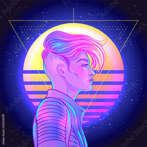 Portrait of a young pretty androgynous woman with short shaved pixie undercut in retro futurism style. Vector illustration in neon bright colors. Blue short hair. futuristic synth wave
