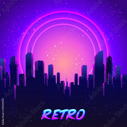 Vector futuristic synth wave illustration. 80s Retro poster Background with Night City Skyline. Rave party Flyer design template