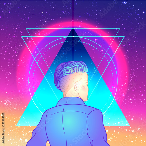 Portrait of a young pretty androgynous woman with short shaved pixie undercut in retro futurism style. Vector illustration in neon bright colors. Blue short hair. futuristic synth wave