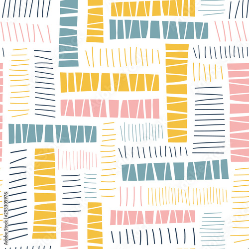 Geometric hand drawn abstract rectangle block shapes seamless vector pattern. Repeating background blue, pink, yellow paper cut out collage style