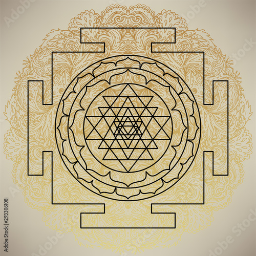 The Sri Yantra or Sri Chakra, form of mystical diagram, Shri Vidya school of Hindu tantra symbol. Sacred geometry vector design element. Vector illustration.