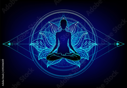 Chakra concept. Inner love, light and peace. Buddha silhouette in lotus position over colorful ornate mandala. Vector illustration isolated. Buddhism esoteric motifs.