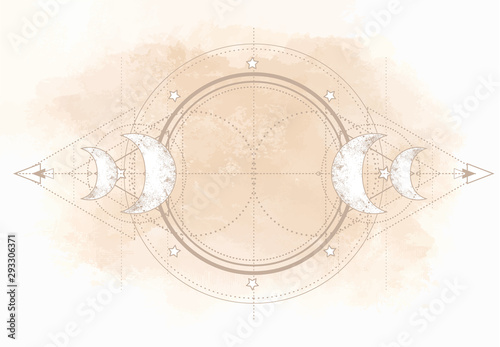 Triple moon pagan Wicca moon goddess symbol. Three-faced Goddess: Maiden – Mother – Crone vector illustration. Tattoo, astrology and magic symbol.
