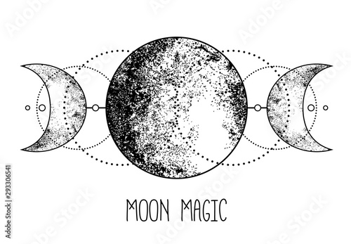 Triple moon pagan Wicca moon goddess symbol. Three-faced Goddess: Maiden – Mother – Crone vector illustration.  Tattoo, astrology, alchemy, boho and magic symbol.