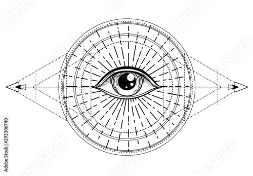 Eye of Providence. Masonic symbol. All seeing eye inside triple moon pagan Wicca moon goddess symbol. Vector illustration. Tattoo, astrology, alchemy, boho and magic symbol.