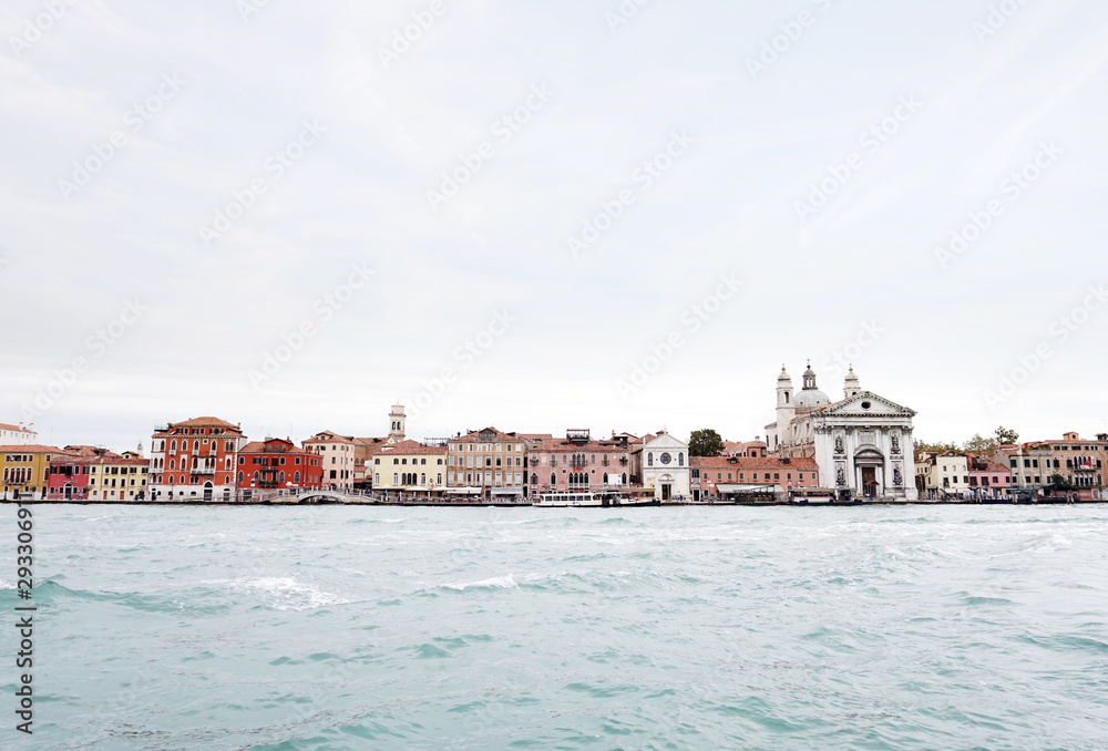 View of the embankment of Venice from the Venetian lagoon