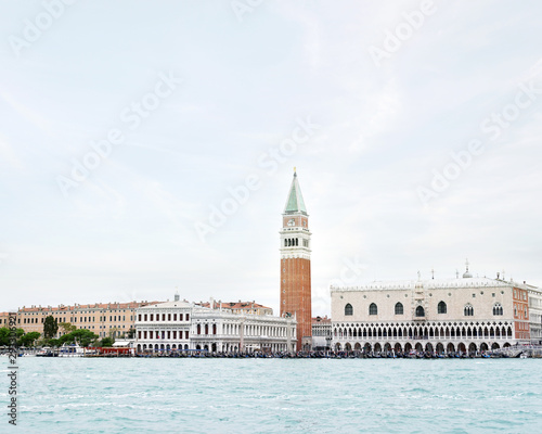 View of the Venice embankment and the Campanile of St. Mark Cathedral and the Doges Palace from the side of the Venetian lagoon