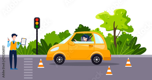 A driving instructor teach a happy young woman to drive an yellow car. Driving school concept, driver's license, traffic rules and test. Vector flat illustration. Natural landscape on the background.