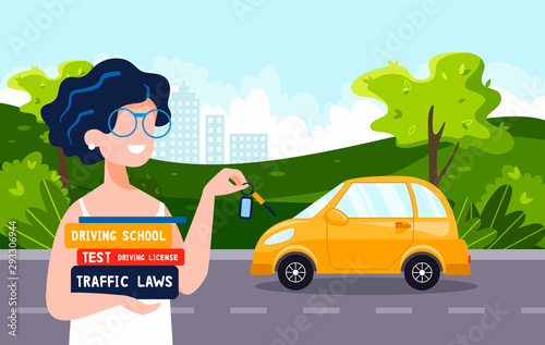 Happy young woman who holds driving books shows new car keys. She has a permission to drive. Driving school concept, driver's license, traffic rules, test. Vector flat illustration.