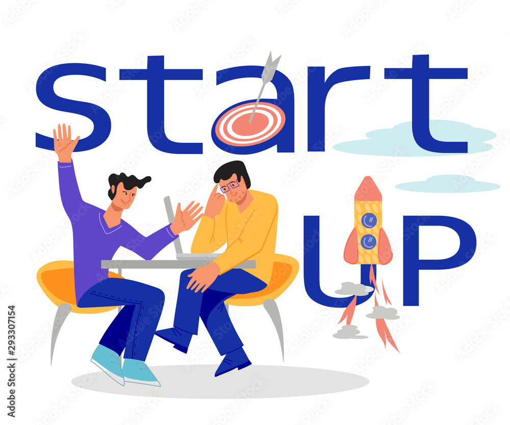 Obraz premium Start up banner or landing page with people cartoon characters, two businessmen inspired by creative successful idea, discussing development or investments strategy. Launching business project. Vector