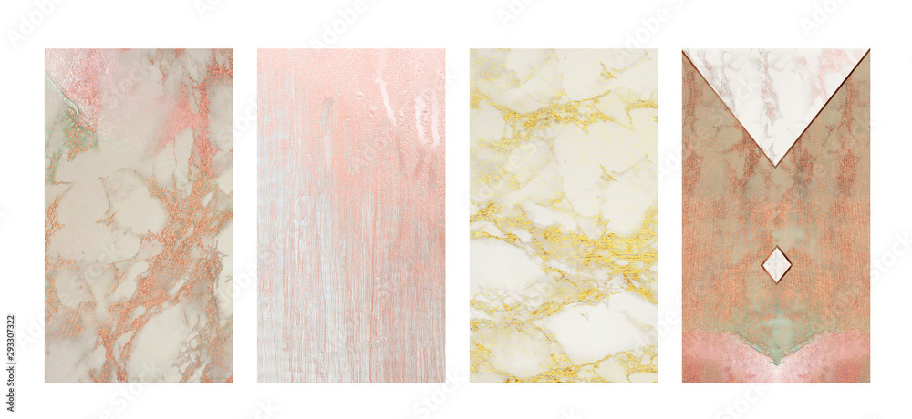 Elegant instagram stories feminine background set: white marble and grey  wood textures with pink rosegold and golden glitter metallic foil effect.  Perfect for high end products marketing or wallpaper. Stock Illustration |