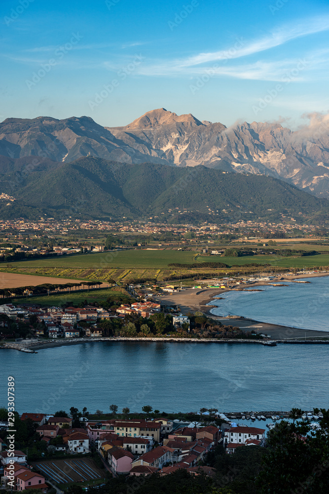 Versilia coast with the river Magra, Bocca di Magra village, Mediterranean sea, the Apennines and the Apuan Alps. Tuscany, Liguria, Italy, Europe