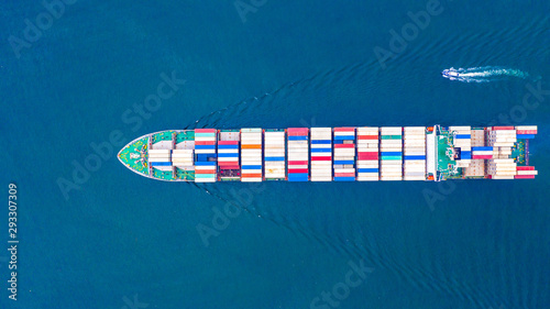 Container ship in export and import business and logistics, Aerial view container cargo shipping.