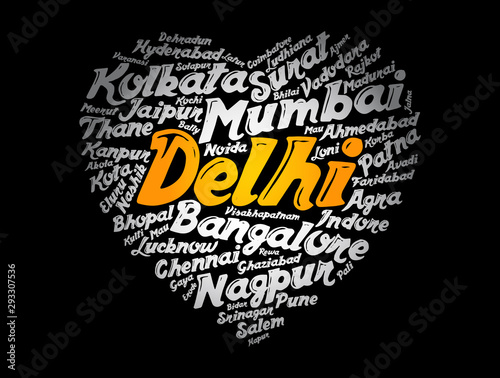 List of cities and towns in India composed in love sign heart shape, word cloud collage, business and travel concept background