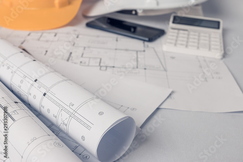 Architect, engineer concept, Represents the working style of architects, engineers With construction drawings