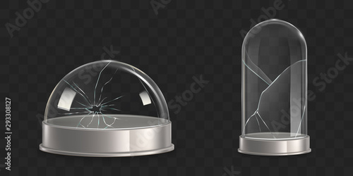Broken waterglobe, cracked empty, glass dome, damaged bell jar 3d realistic vector isolated on transparent background. Shattered museum exhibit dust cover, crushed store showcase illustrations set