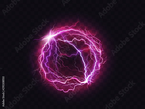 Electric ball, lightning circle strike impact place, plasma sphere in purple color isolated on dark background. Powerful electrical discharge, magical energy flash. Realistic 3d vector illustration