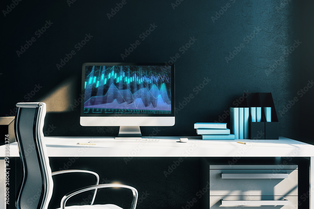 Cabinet desktop interior with financial charts and graphs on computer screen. Concept of stock market analysis and trading. 3d rendering. Cabinet desktop interior with financial charts and graphs on computer screen. Concept of stock market analysis and trading. 3d rendering.